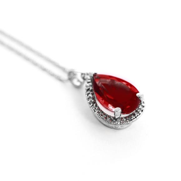 14K. SOLID GOLD NECKLACE WITH NATURAL DIAMONDS & GARNET (White Gold) - Picture 3 of 3